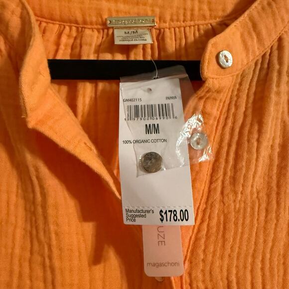 NWT Magaschoni thigh length full sleeve button up orange cream dress Size M - Picture 5 of 12